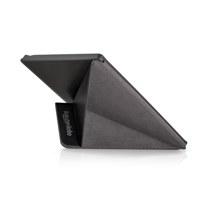 Kobo Forma in landscape with black SleepCover from the back, folded into a stand