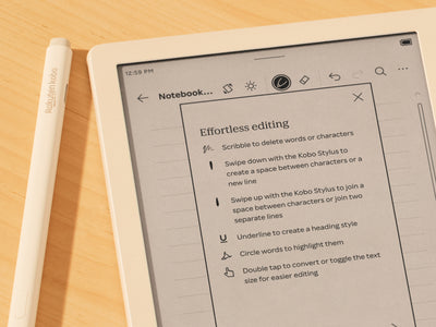 A menu called "Effortless editing" is shown on the Kobo Libra Colour screen, with instructions on how to use gestures to delete words, create spaces between characters or join them, create heading styles, make highlights, and increase or decrease text size.