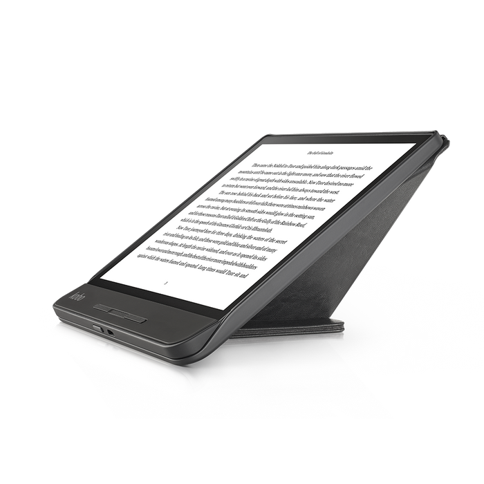 Kobo Forma in landscape with black SleepCover folded into a stand